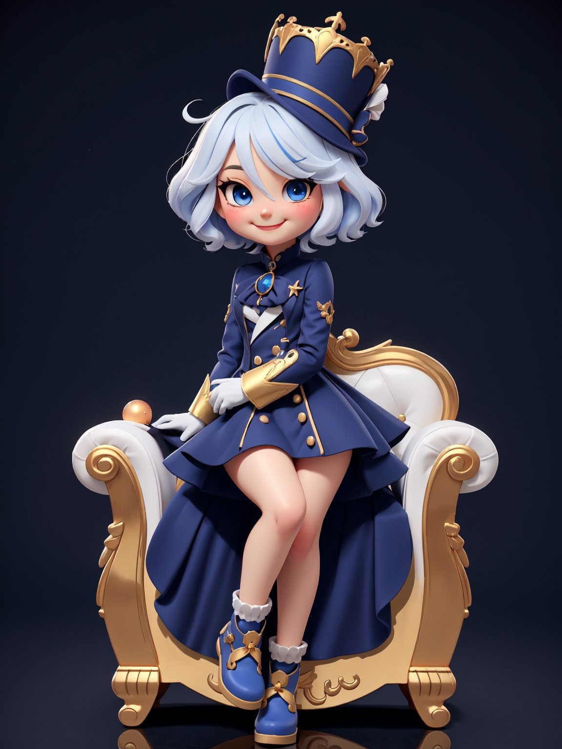 furina, chibi, hat, smug smile, little girl, orb, brooch, long dresssitting, crossed leg, looking at viewer, blush, smile, short hair, blue eyes, golden throne, blue footwear, high details, opera background