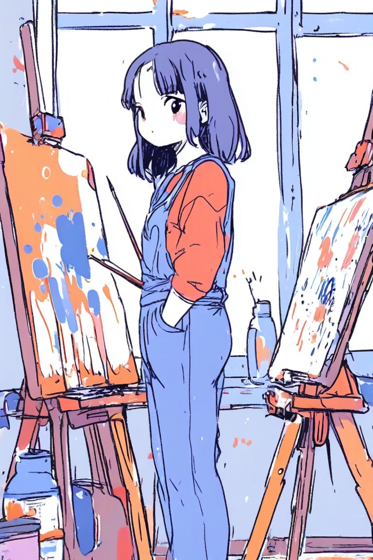 1girl, anime, painting a beautiful canvas in an art studio, wearing overalls and a paint-splattered shirt, easel and various art supplies around her, large window with natural light