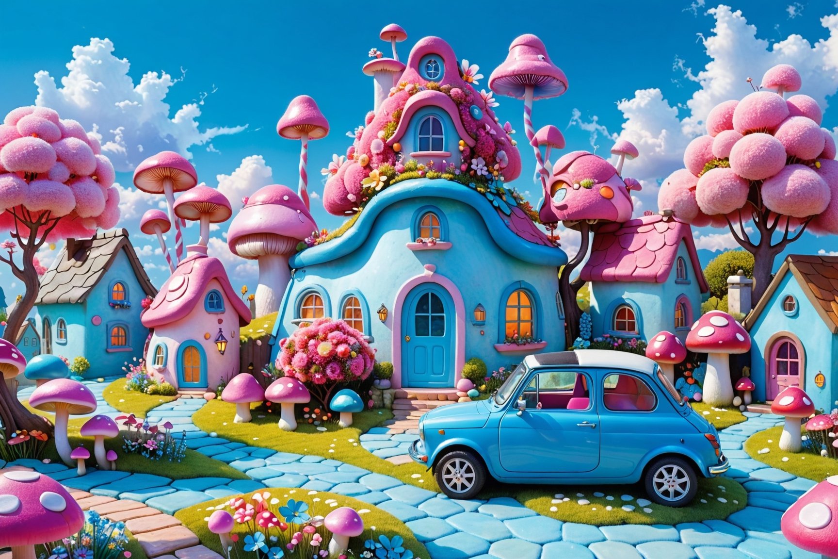 A whimsical and vibrant landscape dominated by pastel colors. At the center stands a multi-tiered house, adorned with pink fluffy decorations, flowers, and windows. To its left, there's a tree with a large pink bloom at its top. The ground is covered in a soft blue carpet, dotted with various flora, including pink mushrooms, flowers, and spherical objects. A small blue car is parked in front of the house, and there are several other peculiar structures in the background. The sky above is a clear blue with fluffy white clouds.