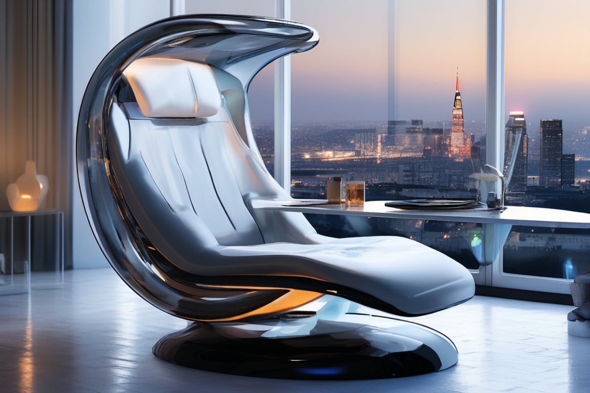 masterpiece, top quality, best quality, official art, beautiful and aesthetic, extreme detailed, a zero-gravity chair with sleek, transparent materials and glowing edges, minimalist design, set in a futuristic living room with panoramic cityscape views