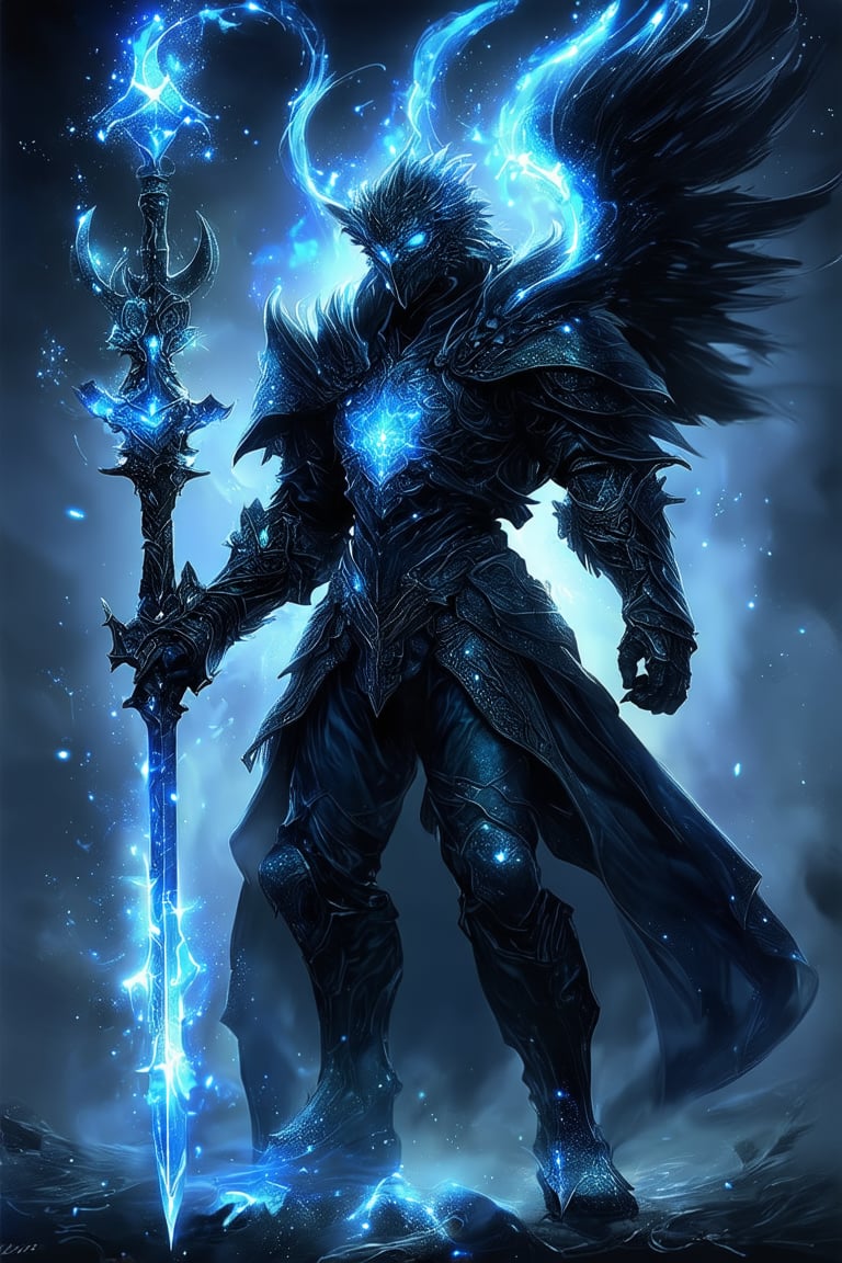 A mystical figure, possibly a warrior or guardian, adorned in intricate armor. The armor is illuminated with a radiant blue glow, emanating a sense of power and magic. The figure's cloak flows behind, merging with ethereal, swirling patterns of light and energy. The warrior wields a glowing sword, its blade emitting a similar blue luminescence. The background is dark, with specks of light, possibly representing stars or magical particles, adding to the enchanting atmosphere.