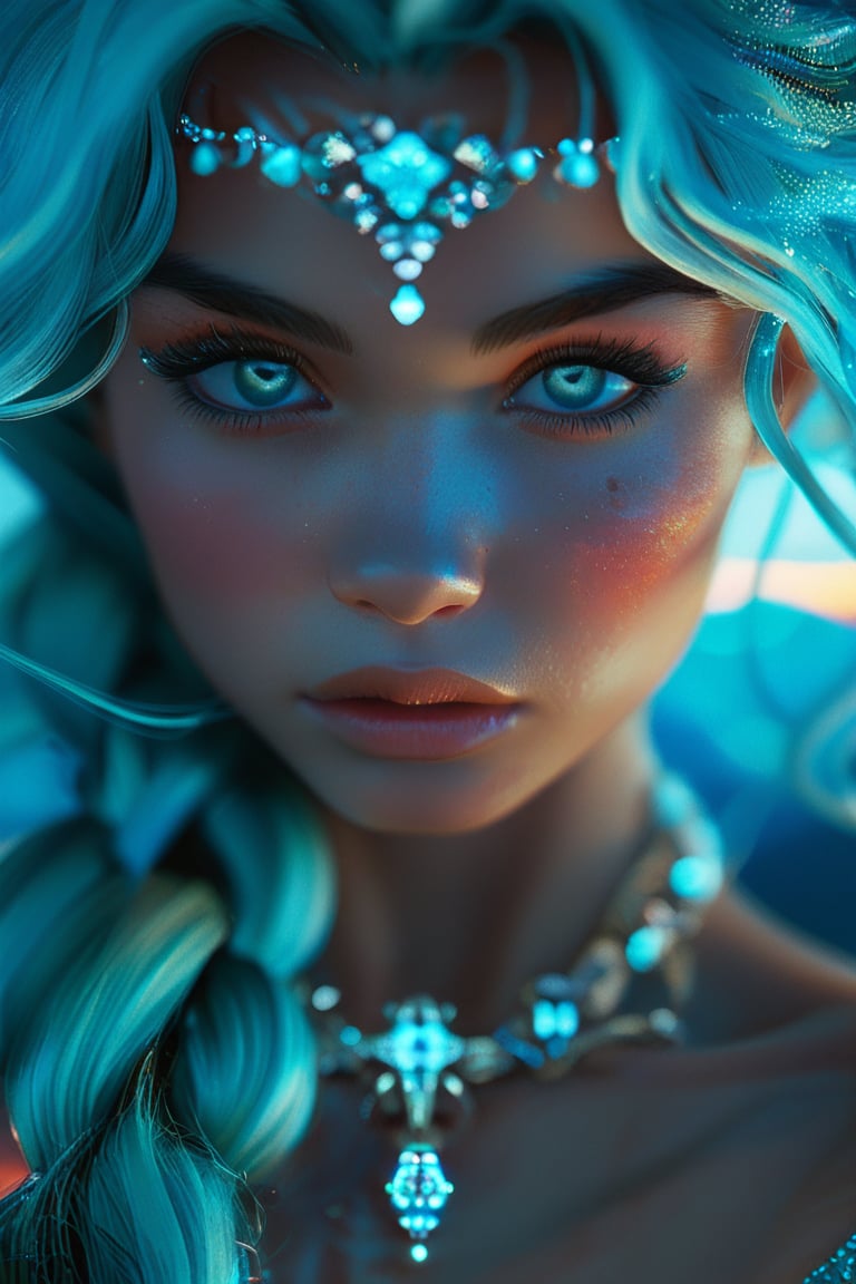 Best quality, 4K, 8K, high-resolution, masterpiece, ultra-detailed, photorealistic, a close up of a woman's face with turquoise and teal hair, glowing eyes, and lots of glitter, 1girl, long hair, yellow eyes, jewelry, turquoise hair, blurry, eyelashes, lips, colored skin, depth of field, braided hair, mountain background, portrait, gem, aqua skin