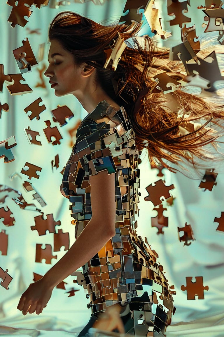 hyperrealistic, best quality, masterpiece, analog film photo, studio lighting. A commercial photography of a hyper-realistic digital artwork featuring a female model composed of puzzle pieces. The right side of her figure is artistically depicted as being blown away, scattering into the air. Her expression is serene, contrasting with the dynamic disassembly of her form. The pieces are finely detailed, each reflecting light uniquely, adding a sense of depth and complexity to the image. The color scheme of the artwork is subtle, with natural tones that emphasize the surreal yet delicate nature of the scene.