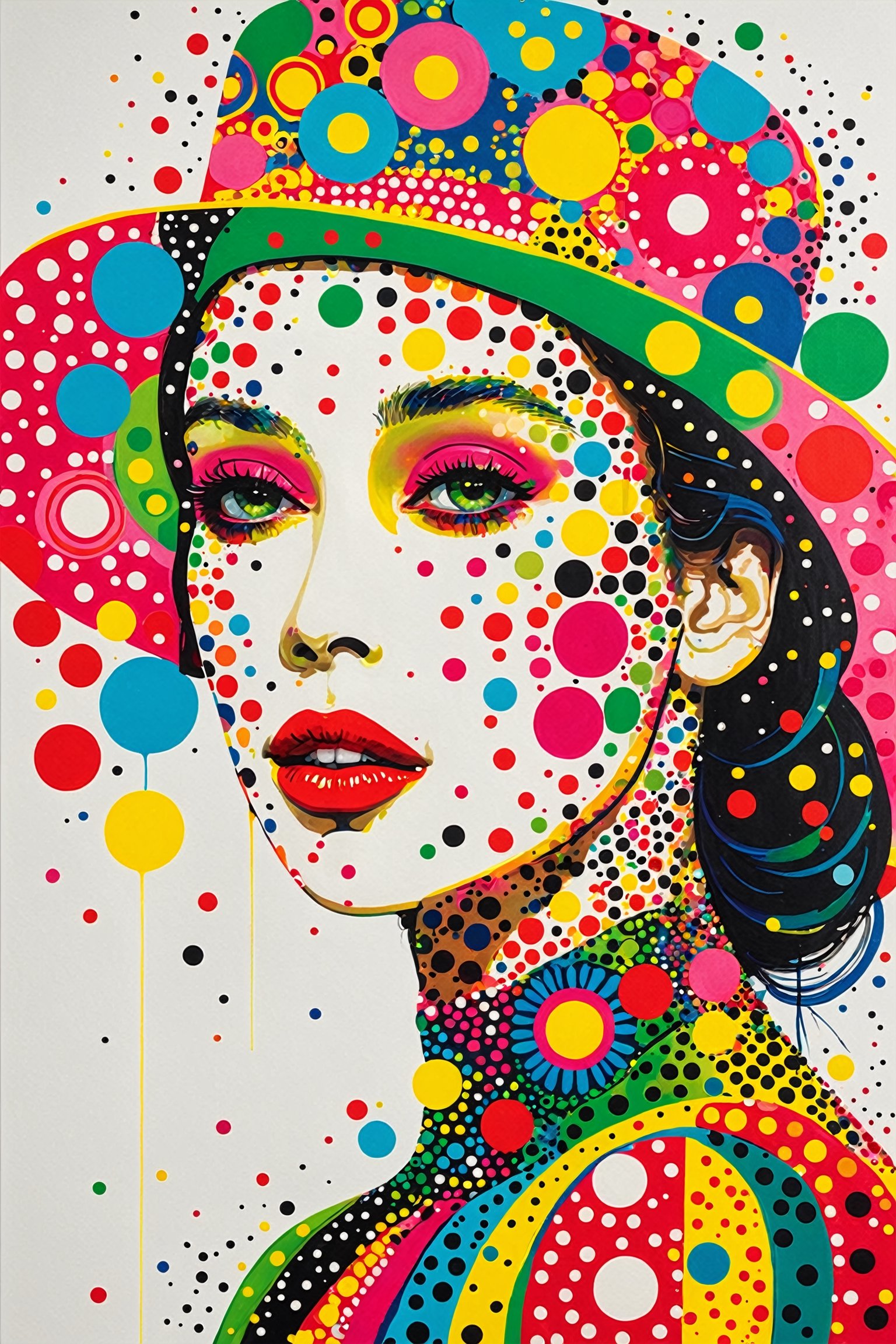 An artistic representation of a woman's face and upper torso. The woman's face is adorned with vibrant, abstract patterns in various colors, including pink, green, yellow, and blue. These patterns consist of dots, circles, and other geometric shapes. Her lips are painted a striking shade of red. The woman is wearing a hat that mirrors the colorful patterns on her face, with a mix of polka dots and other designs. The background is predominantly white, which contrasts with the bright colors of the subject, making her stand out.