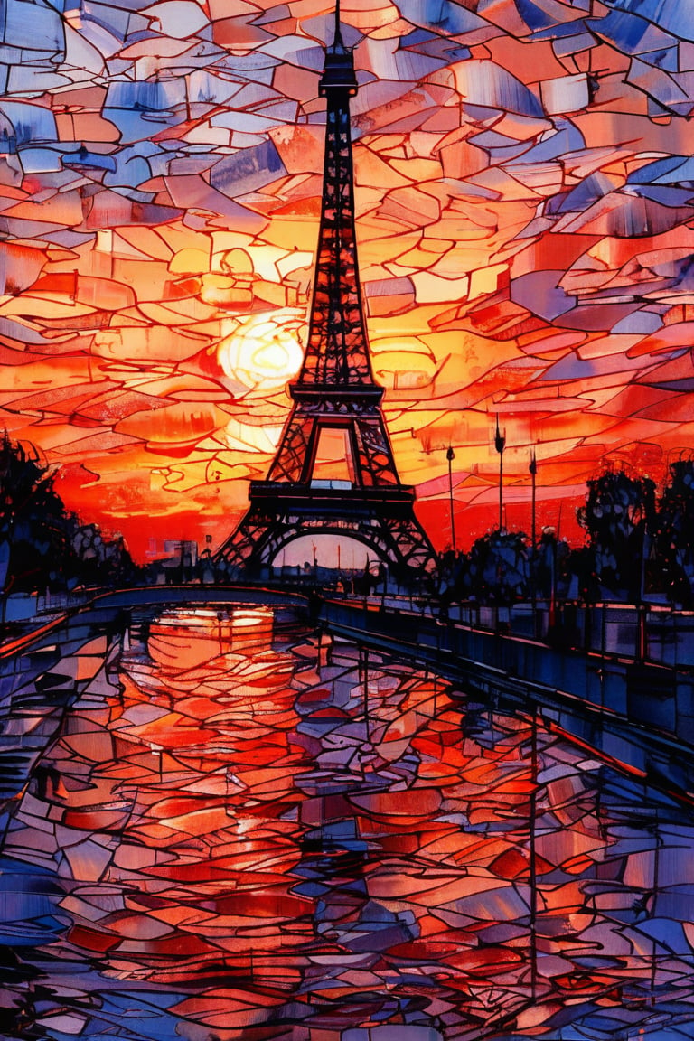 A serene landscape of the Eiffel Tower at sunset, with warm hues reflecting off the iron structure, in the style of Vincent van Gogh, using a vibrant color palette of soft pinks, deep purples, and rich blues with swirling, textured brushstrokes. Artists: Vincent van Gogh, Henri de Toulouse-Lautrec, Claude Monet.