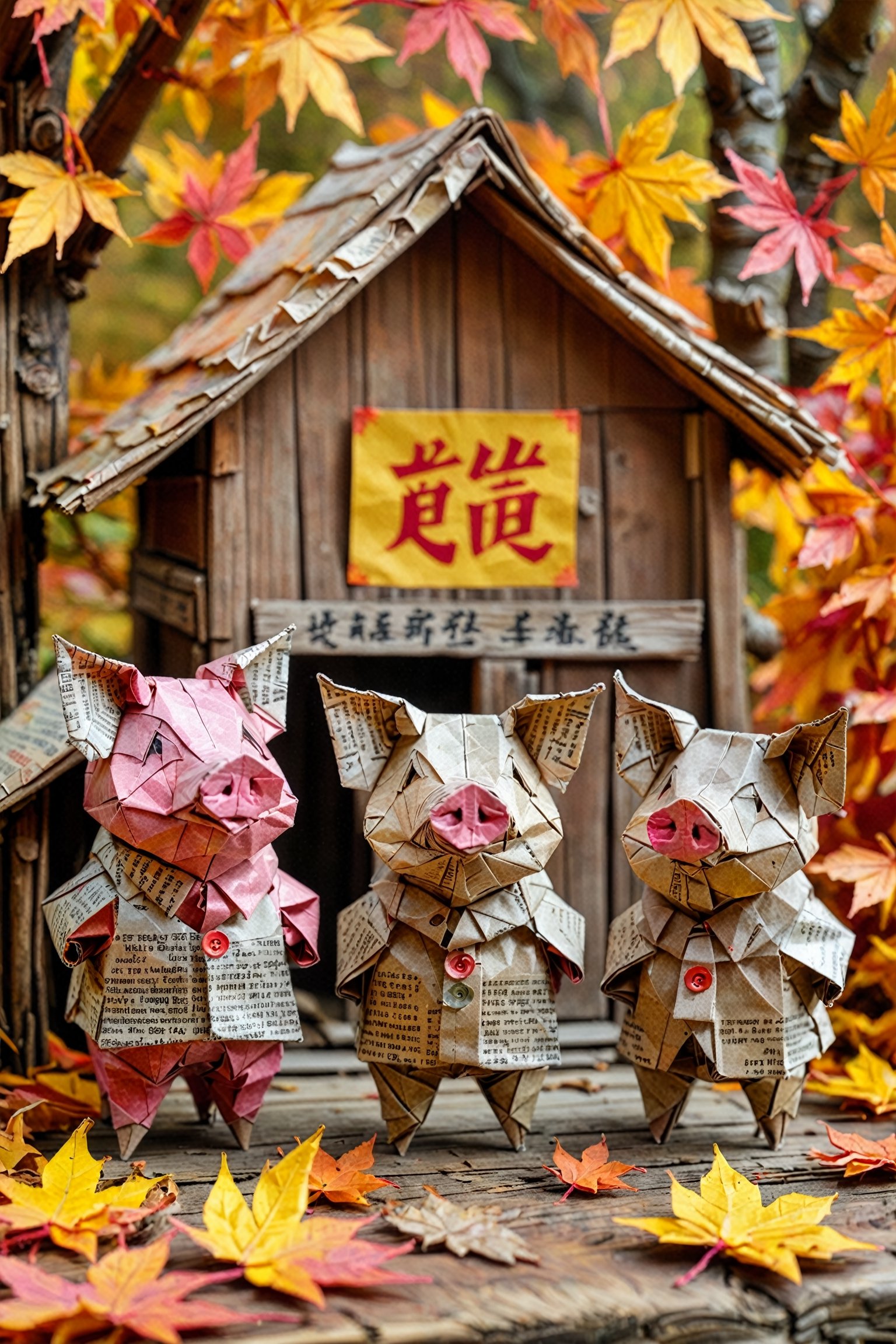Three origami pig figures standing in front of a rustic wooden hut. The hut has a signboard with Chinese characters. The pigs are adorned with clothing made of newspaper pages, and their facial features include buttons and painted pink noses. The background is decorated with autumn leaves in hues of orange and yellow, suggesting a fall setting.