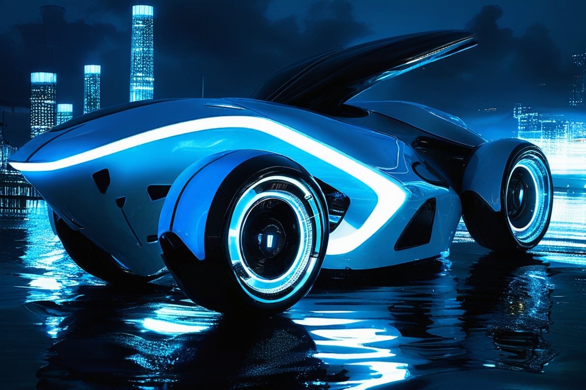 photorealistic image, masterpiece, high quality 8K, of a futuristic ((sci-fi large super motocycle), (((submerged in the sea))), Tron legacy, white and blue neon lights, good lighting, at night, sharp focus