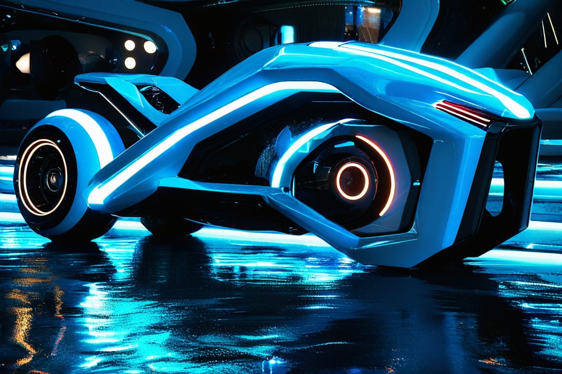 photorealistic image, masterpiece, high quality 8K, of a futuristic ((sci-fi large super motocycle), (((submerged in the sea))), Tron legacy, white and blue neon lights, good lighting, at night, sharp focus