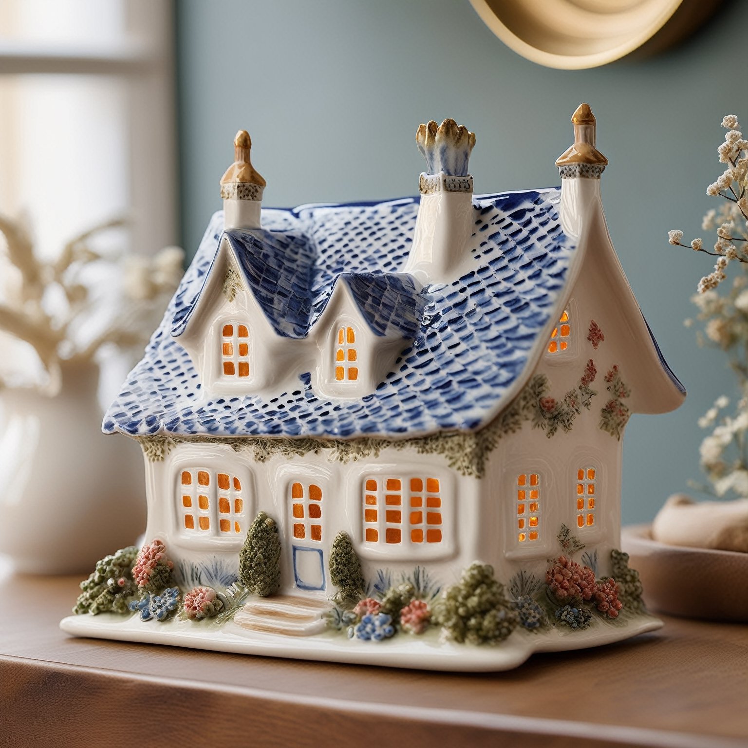 A beautifully crafted ceramic or porcelain figurine of a house