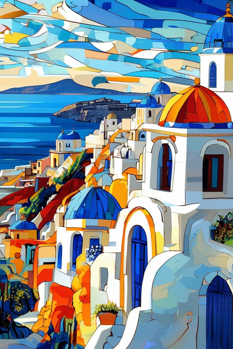 A serene view of Santorini’s white-washed buildings and blue-domed churches under a brilliant midday sun, with the Aegean Sea sparkling in the background, in the style of Vincent van Gogh, using a vibrant color palette of cool whites, deep blues, and soft yellows with swirling, textured brushstrokes. Artists: Vincent van Gogh, El Greco, Nikos Hadjikyriakos-Ghika.