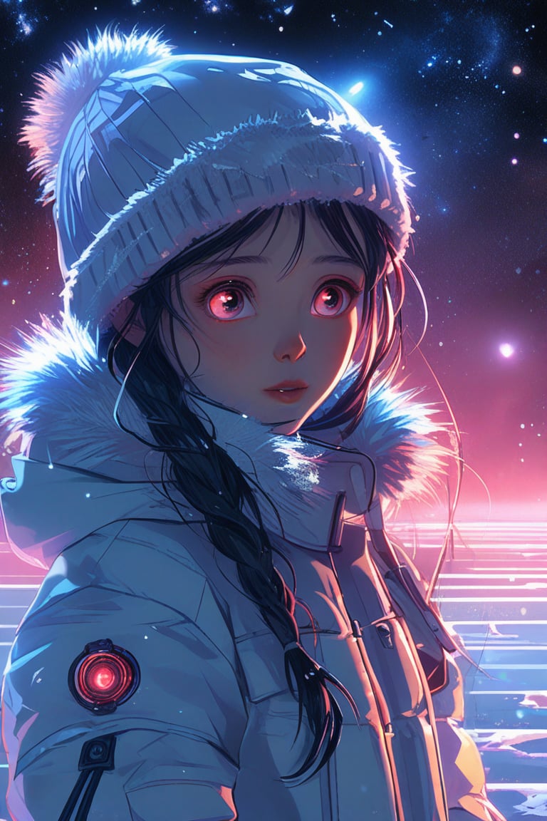 1 girl portrait, charming, nature, neon light, look at viewer,Anime Style, ice, space background,noc-space