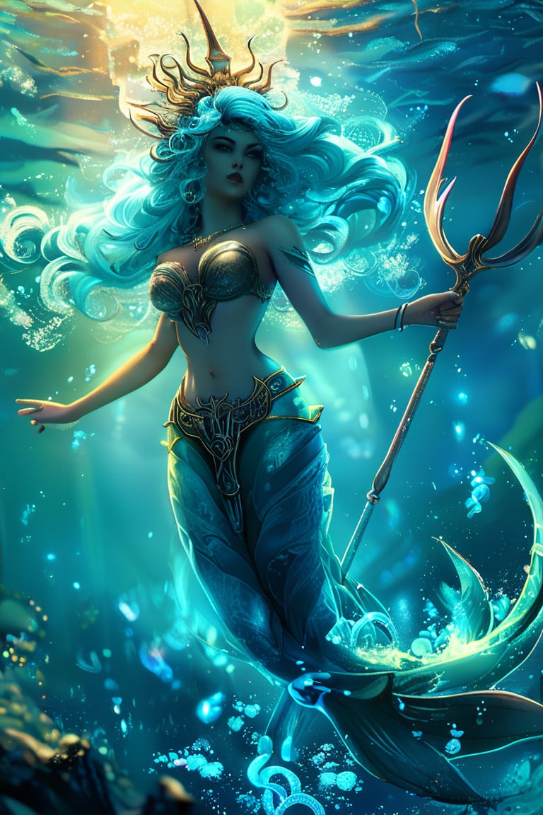 epic composition, cinematic lighting, masterpiece, a sea goddess, water trident, aqua blue hair, commanding pose, frontal shot, underwater kingdom background, full body portrait, dim volumetric lighting, 8k octane beautifully detailed render, intricate, stunning Detailed matte painting, deep color, fantastical, intricate detail, complementary colors, fantasy concept, colorful, color art, color chaos, majestic