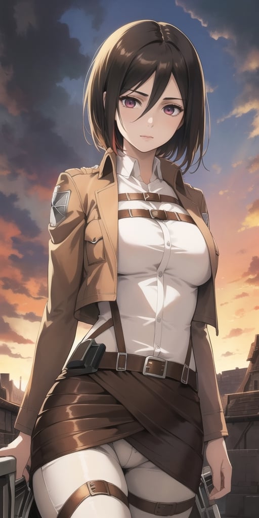 Masterpiece, Mikasa Ackerman, White blouse, brown jacket, open jacket, curvy body, sexy, mix of fantasy and realistic elements, vibrant manga, uhd image, vibrant artwork, hdr, hmmikasa,perfecteyes
,perfecteyes,hmmikasa