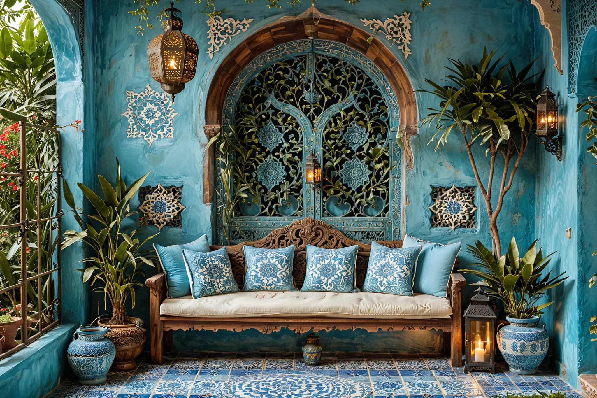 A serene outdoor space, characterized by a soft blue wall. A beautifully carved wooden arched door stands to the right, adorned with intricate designs. Above the door, a lantern hangs, casting a gentle glow. To the left, a window allows sunlight to seep in, illuminating a seating area. This area features a wooden bench with blue and white patterned cushions, surrounded by potted plants. The floor is made of light-colored tiles, and the overall ambiance exudes tranquility and warmth.