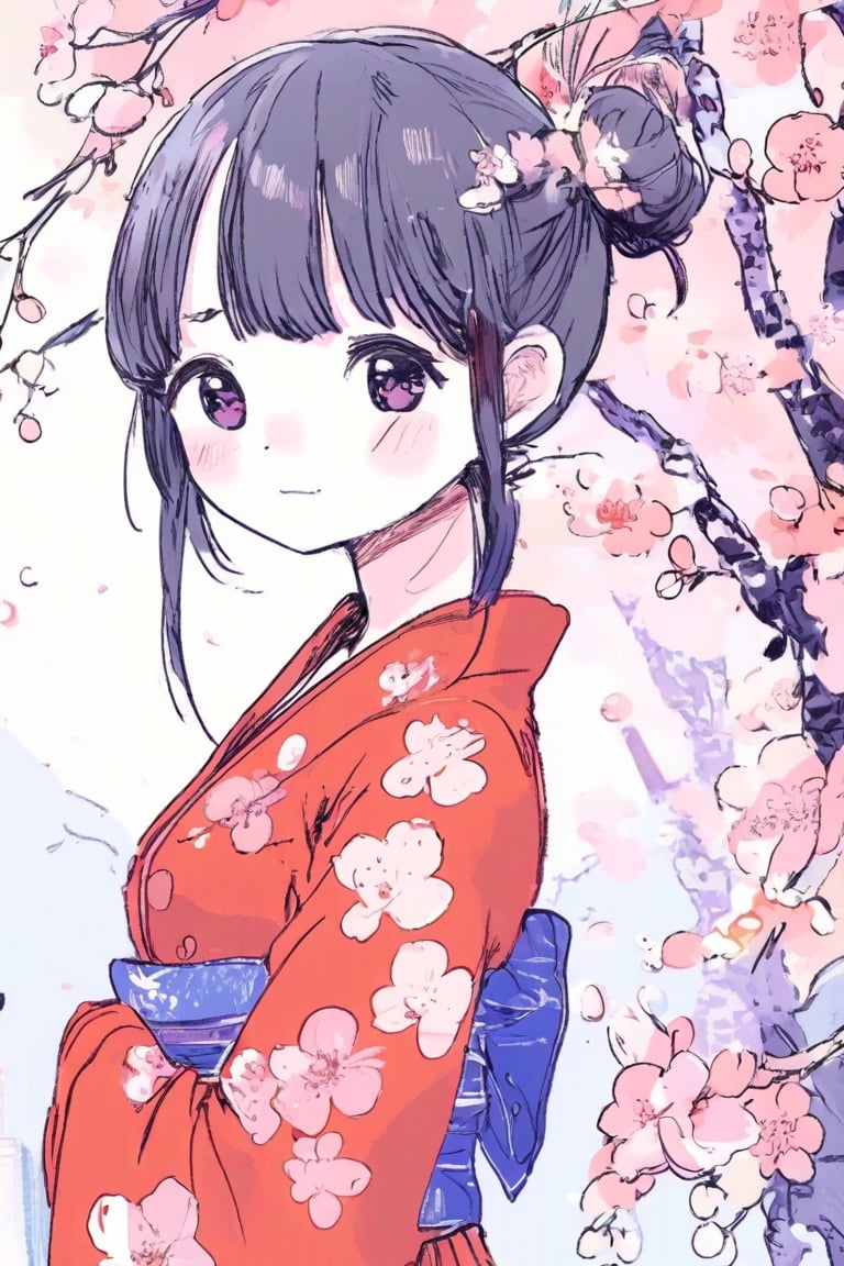 girl, anime, traditional kimono, cherry blossoms, serene garden