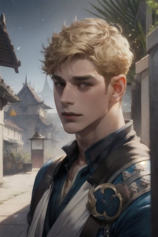 realistic, ((masterpiece)), ((best quality)), (detailed), cinematic, soft shadow, village background, professional photography, depth of field, intricate, detailed face, subsurface scattering, asian, manly, photo of a handsome man ,archer ,cartoon,vane /(granblue fantasy/)