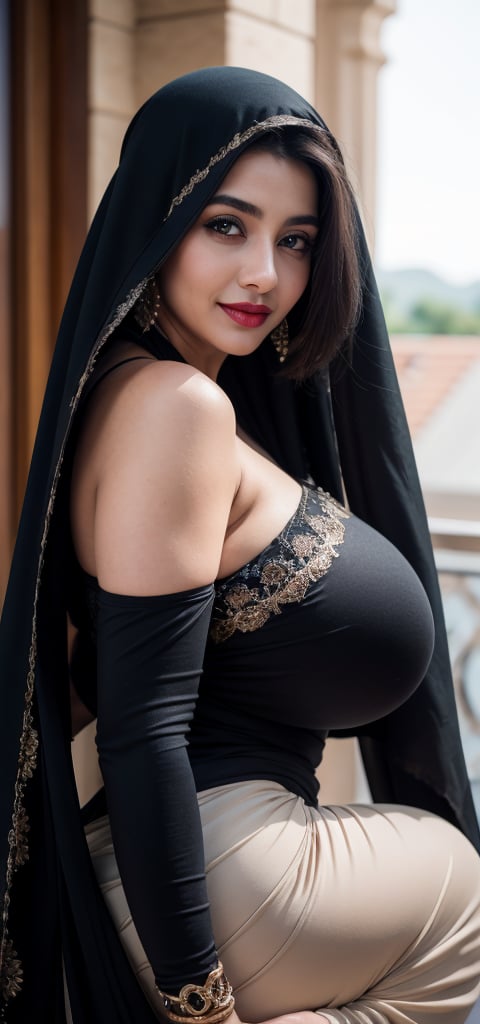 (masterpiece, best quality, ultra-detailed, 8K),high detail, realisitc detailed, a beautiful young mature arabic women slight fat curvy body with long flowy black hair over shoulders in the dark, weraing a full tight ample openly outfit, blue eyes, pale soft skin, kind smile, glossy lips, a serene and contemplative mood, setting on the top of the hotel roof,red lips,hd makeup,veil