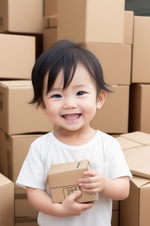 Illustration of a cute Asian baby holding a delivery box.. girl, I have big eyes and double eyelids... Smiling. Only the upper body appears., Clothes that feel like they were delivered by courier. The background is white.