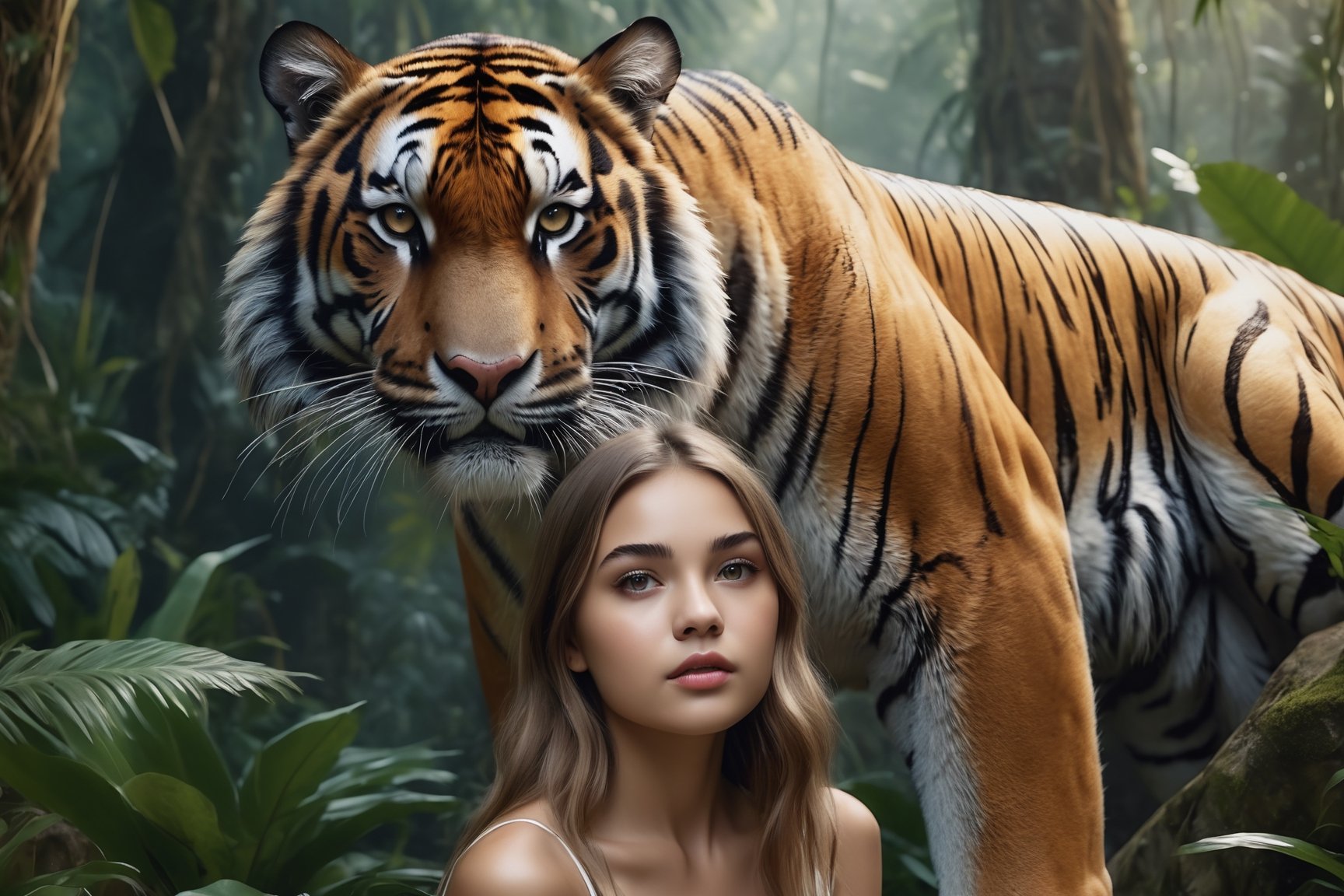 (masterpiece, 8k, raw, ultra realistic), 1 girl beauty,  girl next to a giant Tiger, beautiful detail jungle scene, magnificent, scenic, extremely detailed, Tiger, ,Tiger 