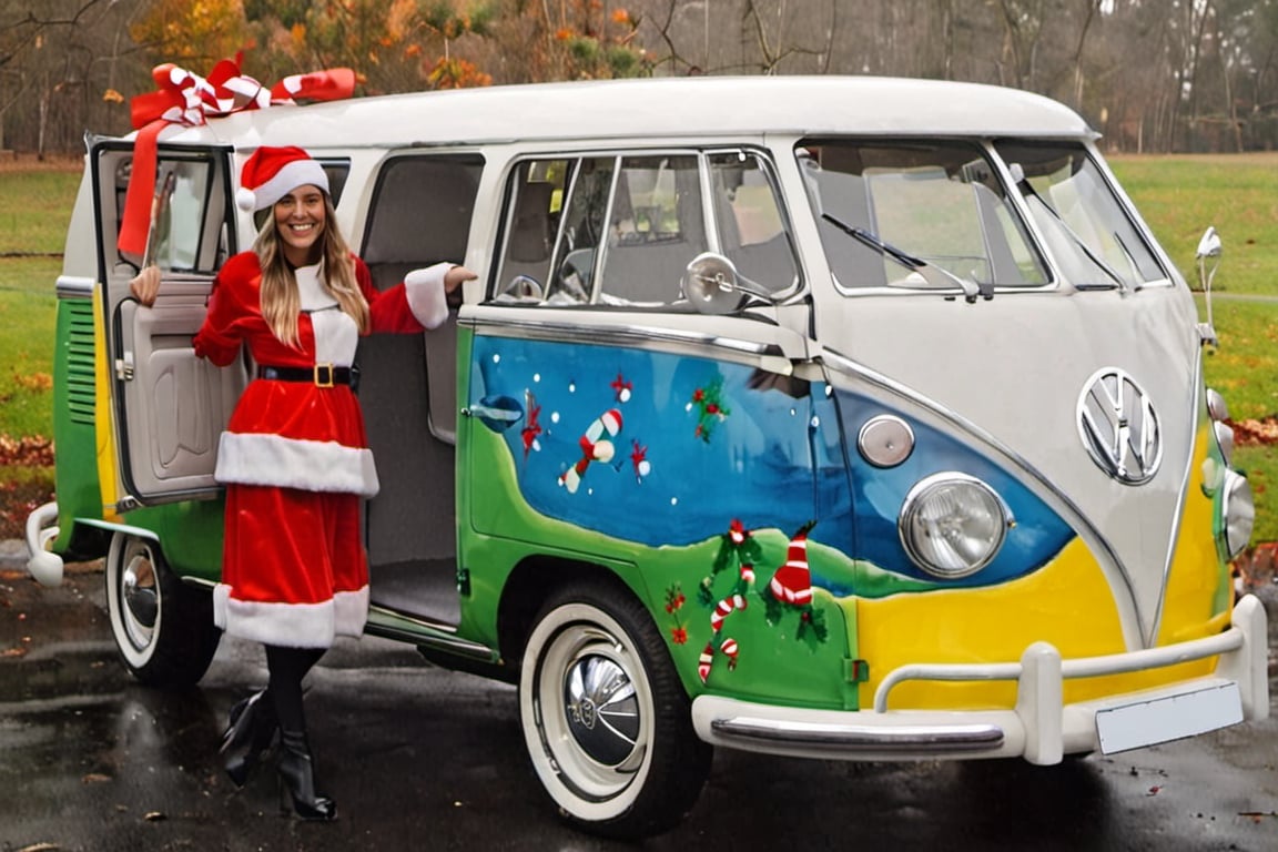 Masterpiece , 1 girl, beautiful, wear santa costume, standng at front volkswagen door,  present delivery, volkswagen paint decorated  ,volkswagen 