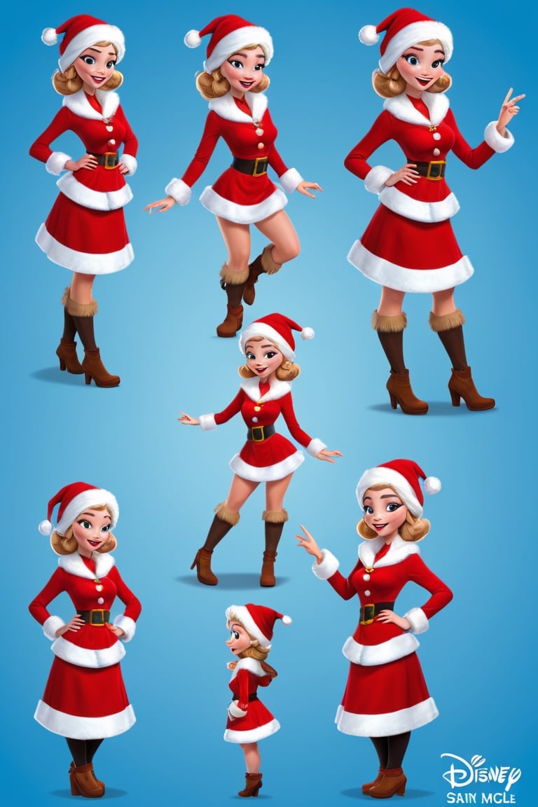 Character Design Sheet, a candid moment in a crowded North Pole Santa girl , character reference sheet, character turn around,disney style