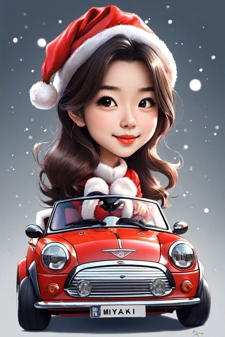 Miyazaki cartoon style, 1 girl, beauty, wear santa costume,  full body, driving a mini spots car, ,dashataran,aesthetic portrait,PECaricature