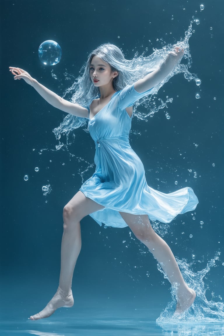 Full Body Shot, (Abstract Art),  (Soft light, soft glow), 1girl in, Silver long hair, Dark eyes, Perfect Skin, Perfect face, Wear Light-Blue Dress, Wet dress, Night, A sexy,  look at viewer, (A powerful water ball in her hand, water and thunder whirling around ball), tranquil atmosphere,liquids, Floating in the sea,Satisfied face, (Water heavy whirling around girl, around hands and body, splash)