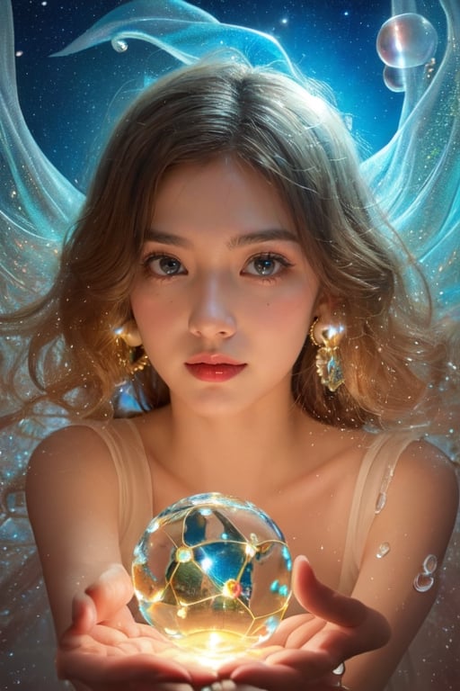 Masterpiece, realistic, two parts in one art ,  sci-fi,  best quality, hyperrealistic     complementary colors,  close up  cute girl , 17 yo,  transparent glass bioluminescent   beauty female creature with sparkling stars inside, holding big glass ball in hands, water drops  weapon,  gun,  fragility, dynamic, dynamic pose, detailed face,  cute flying ghosts, extremely big hypnotic eyes with spirals, RHADS, WLOP,  Craola , 2d, flat, cute, adorable, vintage, art on a cracked paper,  fairytale, storybook detailed illustration, cinematic, ultra highly detailed, tiny details, beautiful details, mystical, luminism, vibrant colors, complex background, Mysterious