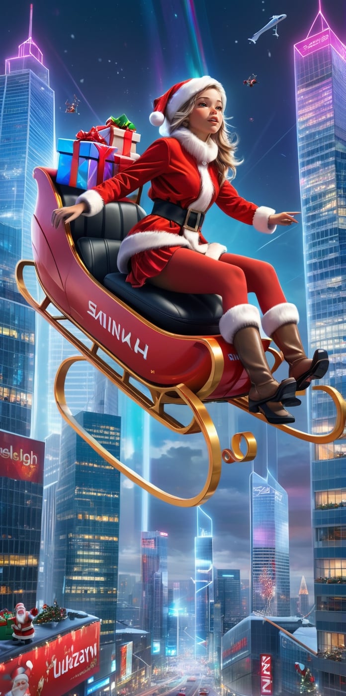 Santa girl flying through a futuristic cityscape where airborne cars zip around,Picture Santa girl in a technologically advanced sleigh, perhaps anti-gravity propelled, soaring amid skyscrapers adorned with holographic displays. Santa girl should be surrounded by a swirl of high-tech presents, navigating the futuristic city to deliver gifts. Incorporate a blend of advanced architecture, neon lights, and a sense of bustling innovation to capture the essence of a future city during the holiday season,reindeer_sleigh,dashataran