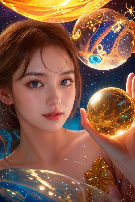 Masterpiece, realistic, two parts in one art ,  sci-fi,  best quality, hyperrealistic     complementary colors,  close up  cute girl , 17 yo,  transparent glass bioluminescent   beauty female creature with sparkling stars inside, holding big glass ball in hands, water drops  weapon,  gun,  fragility, dynamic, dynamic pose, detailed face,  cute flying ghosts, extremely big hypnotic eyes with spirals, RHADS, WLOP,  Craola , 2d, flat, cute, adorable, vintage, art on a cracked paper,  fairytale, storybook detailed illustration, cinematic, ultra highly detailed, tiny details, beautiful details, mystical, luminism, vibrant colors, complex background, Mysterious