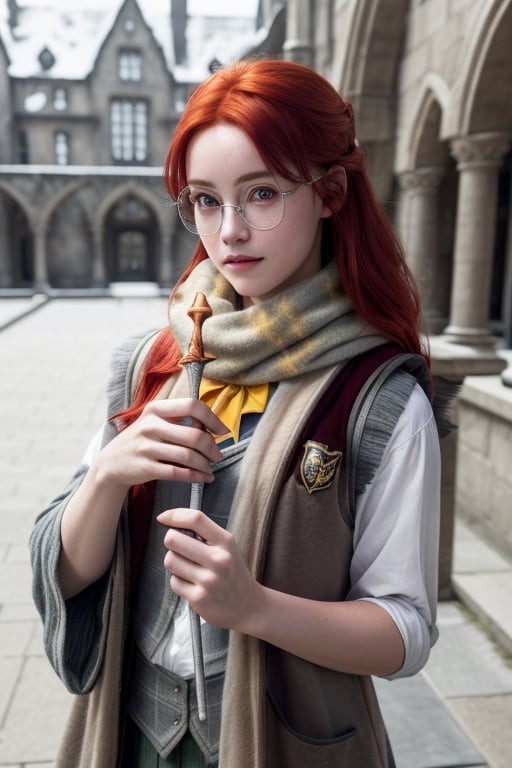 a young woman, epic realistic, photo, faded, complex stuff around,(H0GLEGACYv2),(Hogwarts castle patio),(outside),8K, render,octane, 3D, digital art,very detailed, detailed,ultra realistic, sharp, no blur, edited, corrected, trending,neutral colors, ((((hdr)))), ((((muted colors)))), intricate scene,intricate details, vignette, hiqcgbody,((red hair)),(silver round frame Glasses), hogsks,best quality,red eyes, hogwarts school uniform,((hufflepuff)),black robe,scarf, (:3:0.5), (vest:1.2),outside, snow, black-yellow robe,(((holding small magic wand)))