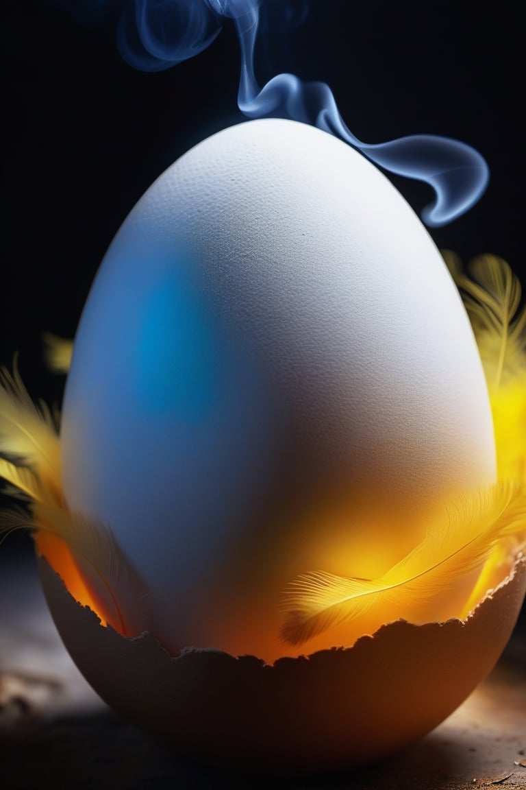 Masterpiece, realistic, (little feather glowing inside egg),   (white load smoke inside egg), full body ,stunning beauty, hyper-realistic oil painting, vibrant colors, dark chiarascuro lighting, a telephoto shot, 1000mm lens, f2,8,Vogue,more detail,,Digital painting ,Bird,more detail XL,egg-art,easter,eyes shoot