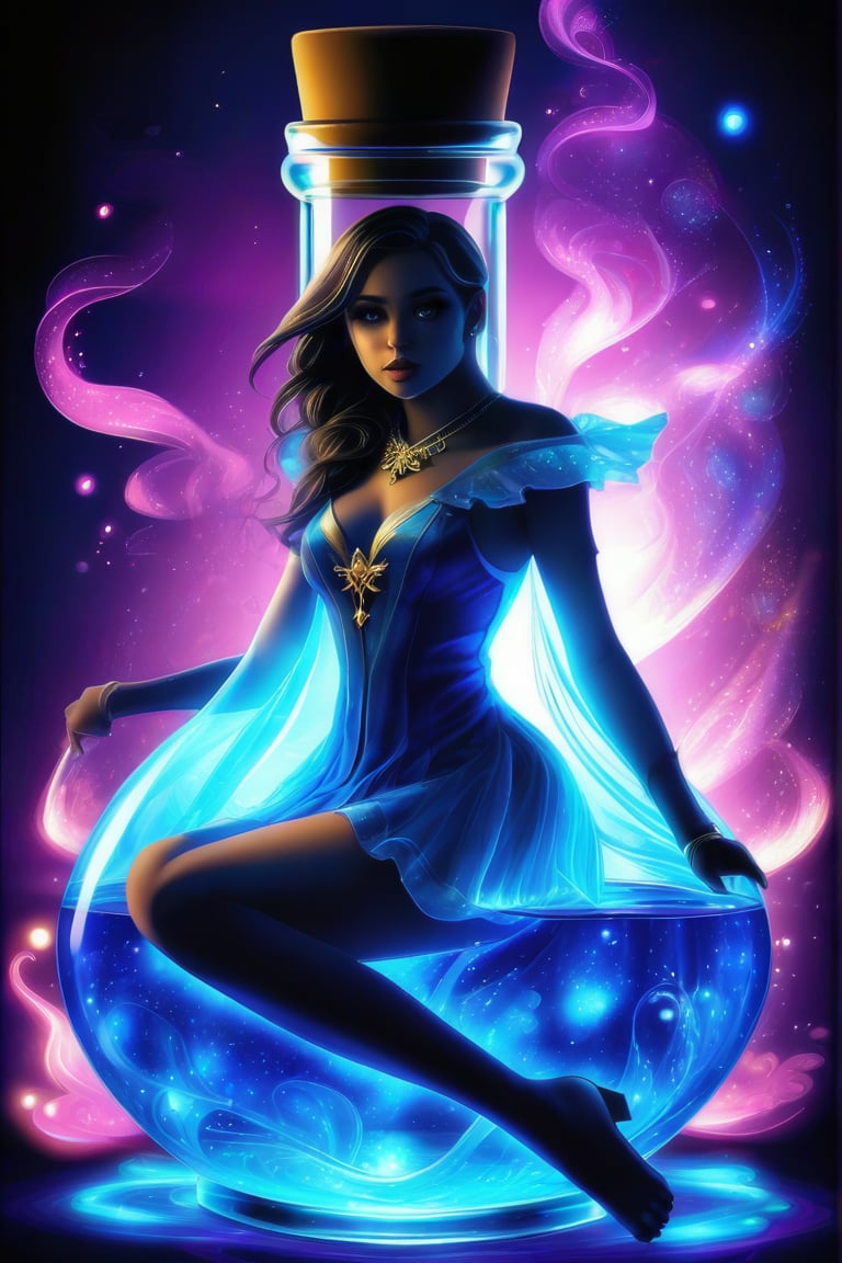 A photorealistic magic potion, blue, glowing, masterpiece, highly detailed, at uper bottle one beautiful lady sitting.