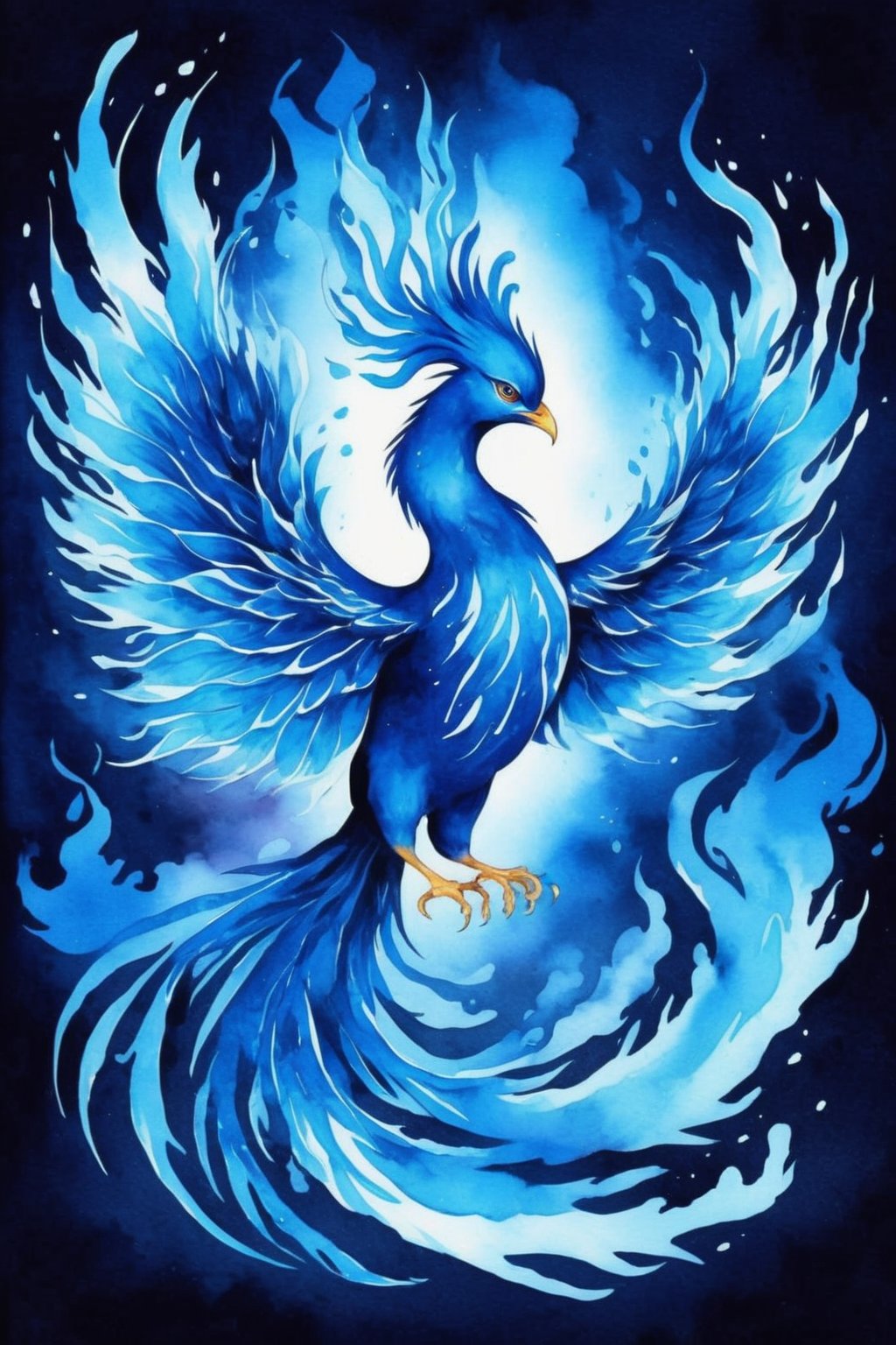 Chinese phoenix in blue flames, BlFire,intense blue flames, flickering, dancing, warm, radiant, bright, illuminating eyes, watercolor style.