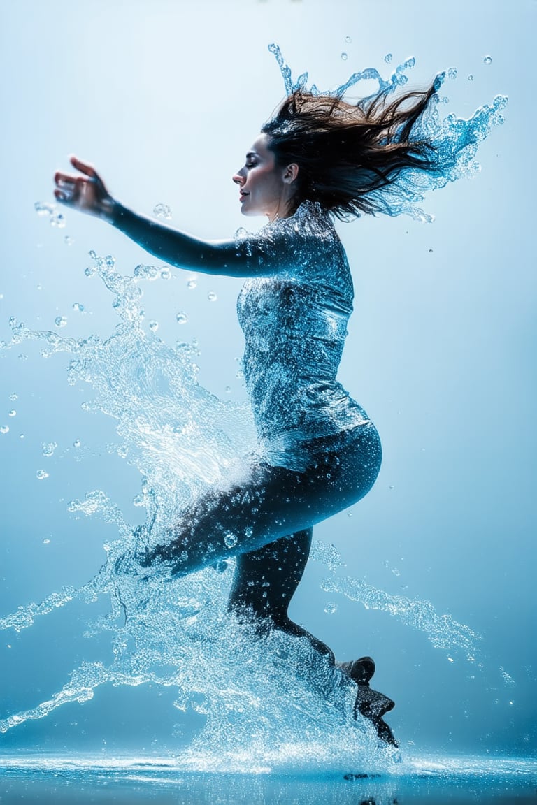 photo of a woman made of water,dancing in the water,covered with water particles,water splashing face,flowing water,covered with water,hair ends with water stream,water explosion,water splashes,