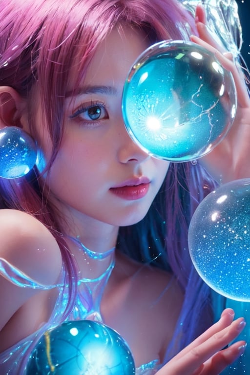 Masterpiece, realistic, two parts in one art ,  sci-fi,  best quality, hyperrealistic     complementary colors,  close up  cute girl , 17 yo,  transparent glass bioluminescent   beauty female creature with sparkling stars inside, holding big glass ball in hands, water drops  weapon,  gun,  fragility, dynamic, dynamic pose, detailed face,  cute flying ghosts, extremely big hypnotic eyes with spirals, RHADS, WLOP,  Craola , 2d, flat, cute, adorable, vintage, art on a cracked paper,  fairytale, storybook detailed illustration, cinematic, ultra highly detailed, tiny details, beautiful details, mystical, luminism, vibrant colors, complex background, Mysterious