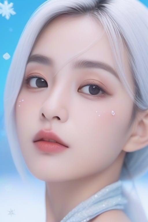 masterpiece, best quality:1.2), 8k, 85mm, raw photo, absurdres, white and cyan theme, (liquid clothes, liquid dress:1.4), white hair, gradient dress, delicate girl, upper body, big boob, close up face, shiny skin, teen, looking at viewer, HDR, sharp focus, particle, twilight sky, detailed eyes and face, white hair, blue snow crystal background