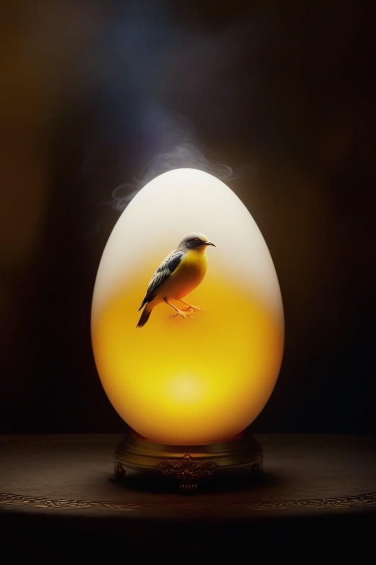 Masterpiece, realistic, ( yellow light glowing inside translucent egg),   (white load smoke inside egg), ( bird wing inside translucent egg), full body ,stunning beauty, hyper-realistic oil painting, vibrant colors, dark chiarascuro lighting, a telephoto shot, 1000mm lens, f2,8,Vogue,more detail,,Digital painting ,Bird,more detail XL,egg-art,easter,eyes shoot