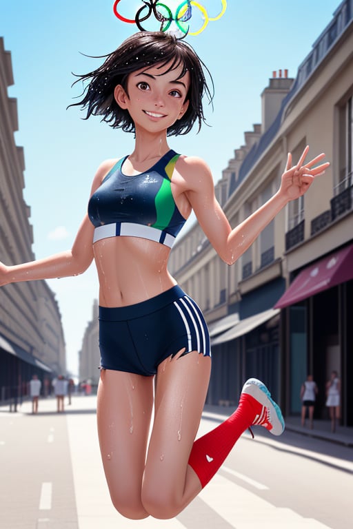  Masterpiece, outdoor, 1girl in, (Well-formed face), (Ideal ratio body proportions), Sunnyday, ((Open leg jump)), (((sports wear with olympic logo))), ((Jersey on upper body)), (((Sportsbra)), Wet, Torn clothing, Smiling smile, A slender, Dark hair, short-hair, beauty legs, Small buttocks, surrealism, Cinematic lighting, depth of fields, One-person viewpoint, jump high at Paris city street, empty street, france, F/1.8, 135 mm, canon, masutepiece, ccurate, Anatomically correct, Textured skin, Super Detail, high details, High quality, awardwinning, Best Quality, hight resolution, 1080p, 4K, 8K