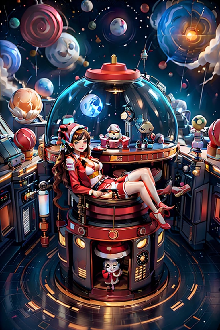 beautiful young woman wearing red santa clothes, reclining in the pilot seat of a spaceship, looking out the cockpit window to a colorful space scene of planets, moons, vibrant nebulae and stars of various sizes, perfectly christmas present,Young beauty spirit 
