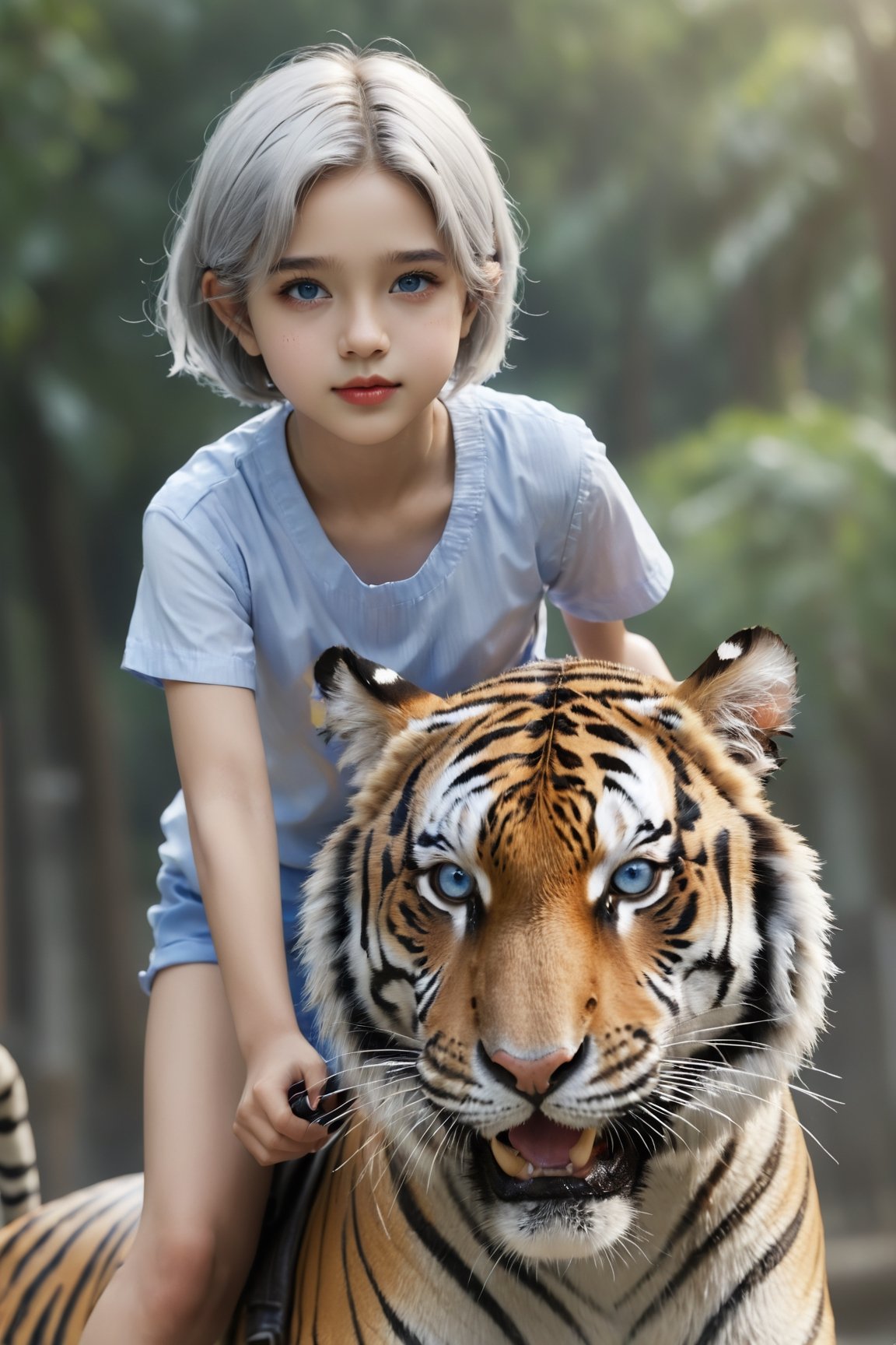 (Best Quality, Masterpiece: 1.1), (Realistic: 1.4), Beautiful girl is riding on the tiger, god ray ,, silver short hair, blue eyes, Going to school