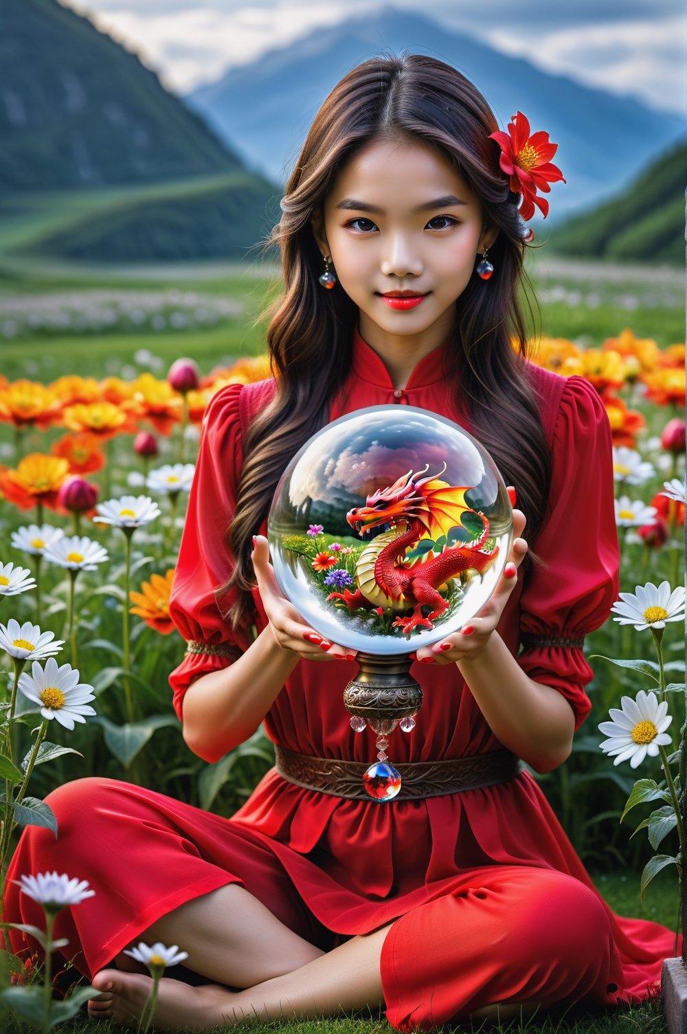 One girl, beauty, wear red clothes , (bring a glass ball with dragon inside of it), magical flowers, crystal ball, inside glass orb, translucent sphere, field of fantasy flowers, glass spheres, glass sphere, magical colorful flowers, beautiful fantasy, holding a crystal ball, i dream of a vase flowers, flora world, holding magic flowers, glass flowers,,Clear Glass Skin