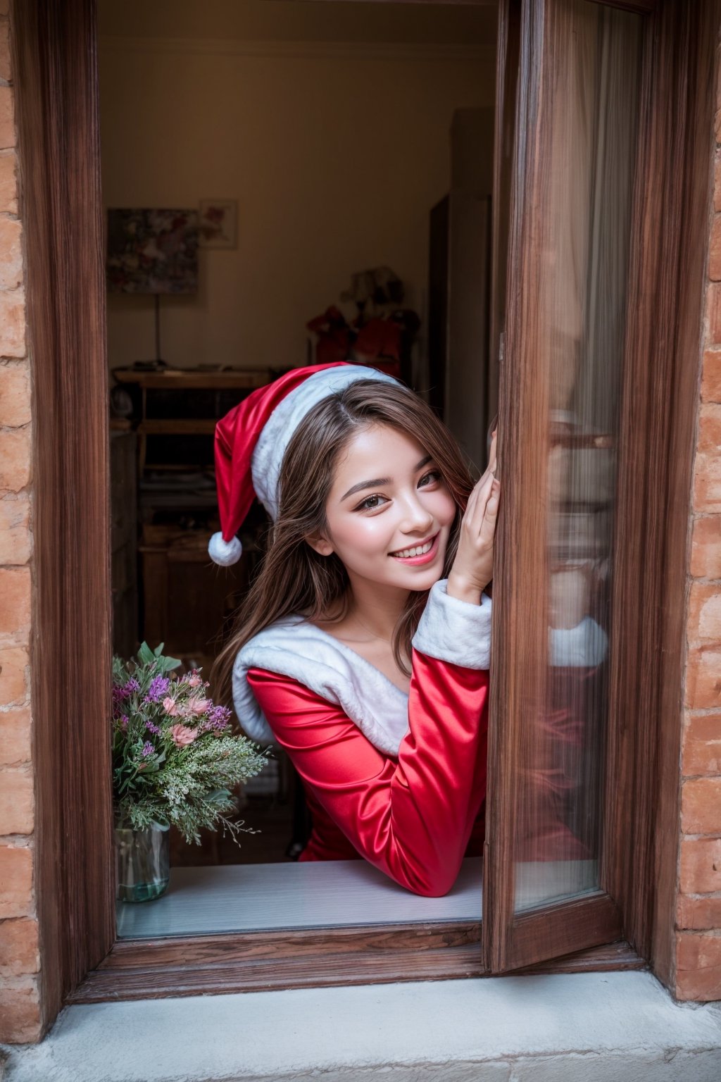 1girl, beautiful, girl wear santa costume,  girl for viewing from outside window, flowers in the window, brick wall, look at sunset, cute face, hands on chin pose, upper body, beautiful nature, smile face, romance_mood, Nelly,from outside window,Nelly,barbaradef