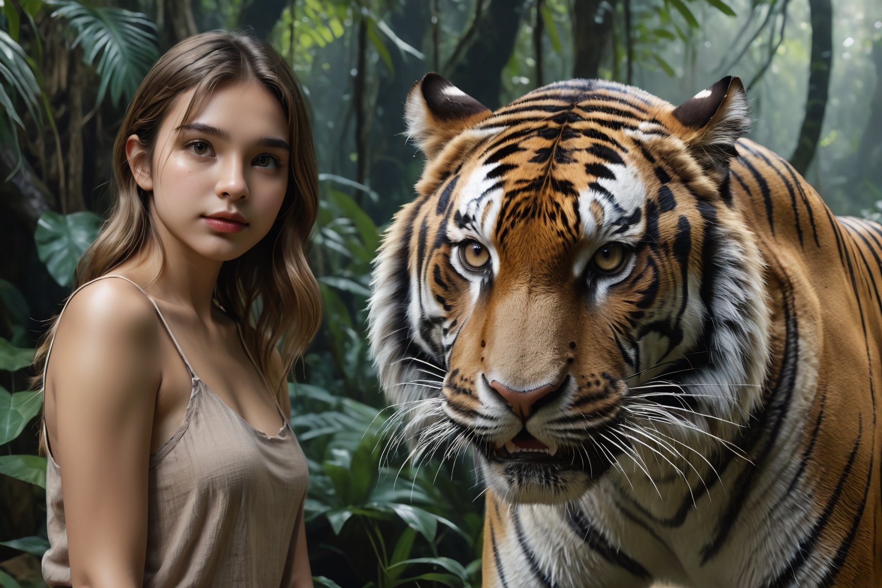 (masterpiece, 8k, raw, ultra realistic), 1 girl beauty,  girl next to a giant Tiger, beautiful detail jungle scene, magnificent, scenic, extremely detailed, Tiger, ,Tiger ,FilmGirl