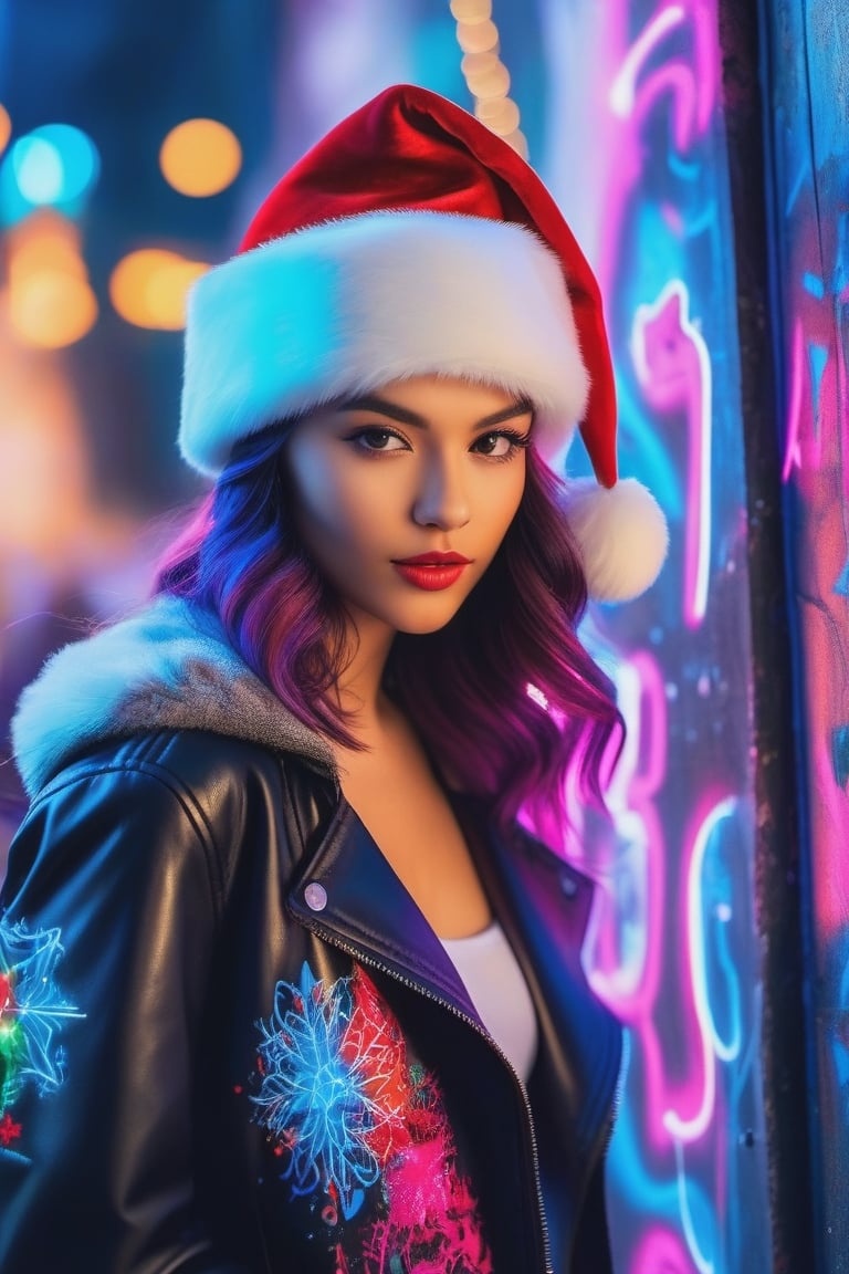 Generate AI art in a graffiti-inspired style, featuring an enchanting woman in a festive Christmas scene. Envision her in a dynamic and edgy outfit that blends street fashion with holiday elements. Half body, potraiture, Use bold lines, vibrant colors, and graffiti-like patterns to create a visually striking composition. Surround the woman with urban and festive elements, capturing the energy of both the graffiti style and the Christmas celebration. Craft an image that seamlessly fuses the rebellious spirit of graffiti with the enchantment of the holiday season, resulting in a unique and captivating visual experience.half body, potraiture, cyberpunk style,neon photography style,realistic