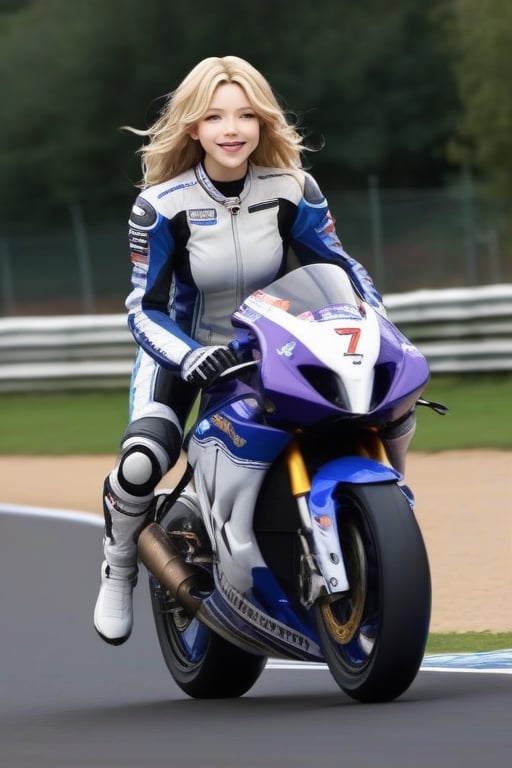 masterpiece, best quality, detailed,Perfect Anatomy, Beautiful white skin ,blond hair,blue eyes,disheveled hair,slim,adult, ,1woman,Beautiful well-rounded face, drooping eyes,pointy high nose,smile,nose bridge,Violet Evergarden, whole body,
Motorcycle Racers,Leather racing suit,
Helmet in hand,
outdoor,circuit,motorcycle race,In front of a racing motorcycle,Walz