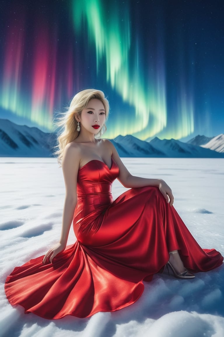 (Japanese idol), 　a blond　(A MILF)　Whip whip　((bright red lips))　Glossy Metallic Red China Long Dress　Sitting on a snowy field and turning around, at north pole, (Aurora Borealis and the Great Snowfield)　half body, ((Portrait)),arrstyle