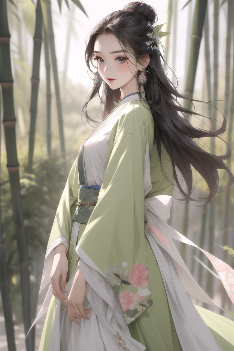 1girl,hair bun,bamboo forest,chinese clothes,hair ornament,long sleeves,black hair,long hair,earrings,jewelry,green dress,half body,potrait, potraiture, masterpiece,best quality,ultra-detailed,chinatsumura,Young beauty spirit 