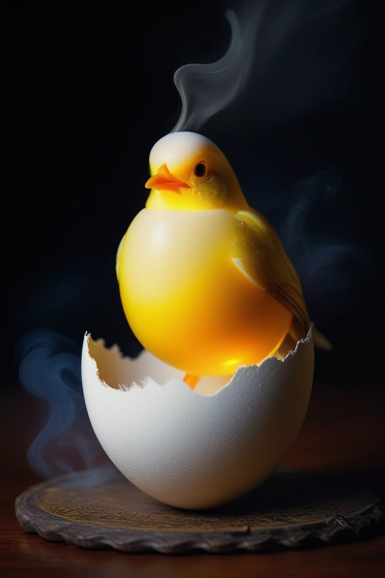 Masterpiece, realistic, ( yellow light glowing inside translucent egg),   (white load smoke inside egg), one figure baby bird on smoke, full body ,stunning beauty, hyper-realistic oil painting, vibrant colors, dark chiarascuro lighting, a telephoto shot, 1000mm lens, f2,8,Vogue,more detail,,Digital painting ,Bird,more detail XL,egg-art,easter,eyes shoot