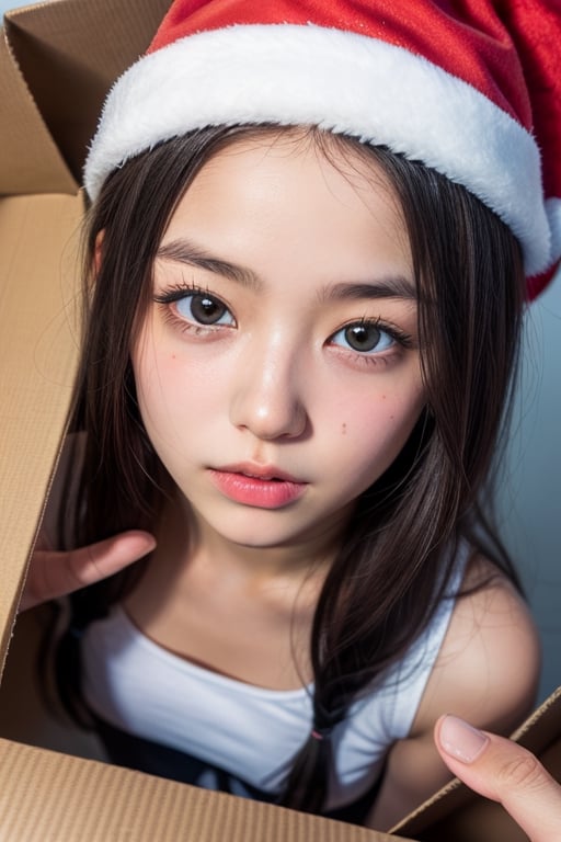 small girl, extremely cute girl ,(solid eyes:1.2), starly eyes, small mouth, small nose, cute lip, sparkle skin, cute cheek,  medium breast, b
Wear santa hat,
 long hair, break, with small flower, break, (fisheye-lens:1), (from above:1.2), looking-up, (opening cubic-box, girl in cubic-box:1.4), (focuace, close-up face:1.2),,